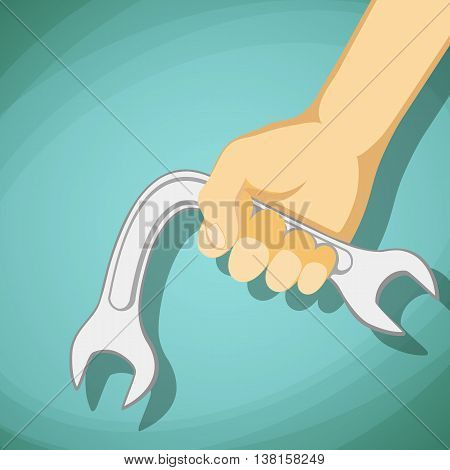 Curved Wrench in hand of man. Impotence disease. Stock vector cartoon illustration.