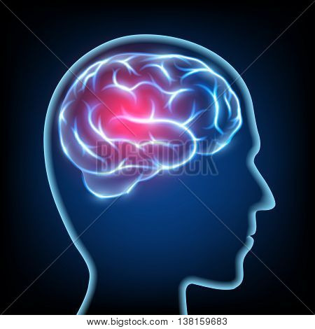 Silhouette of a human head. Migraine disease. Brain nervous system. Stock vector illustration.