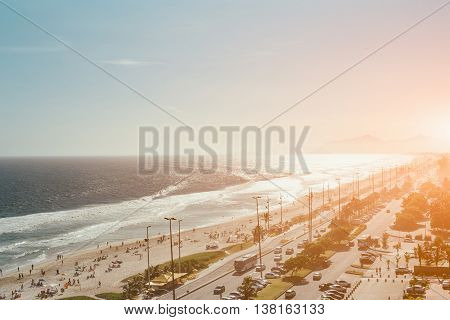 View of ocean, beach, coastline on sunny day, Rio de Janeiro, Brazil