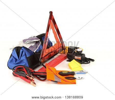 Emergency kit for car isolated on white background