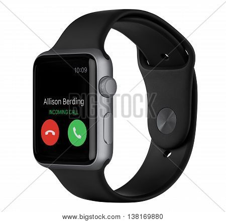 Varna Bulgaria - October 16 2015: Side view of Apple Watch Sport 42mm Space Gray Aluminum Case with Black Sport Band with incoming phone call on the display. Isolated on white background.