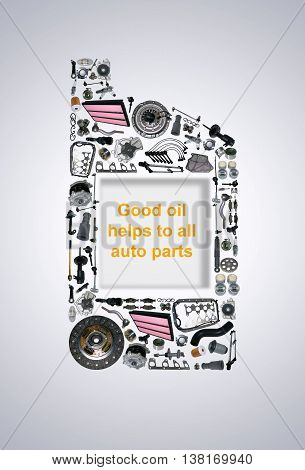 One liter canister of engine oil. Canister oils collected from auto parts. Spare parts of original and aftermarket for passenger cars. Canister gear oil with spare parts and auto parts.