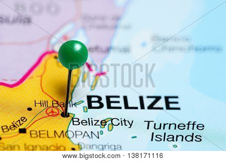 Belize City pinned on a map of Belize