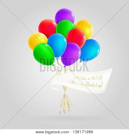 Realistic colorful bunch of balloons with a banner with space for messages. For Party and Celebrations. Isolated from the background.