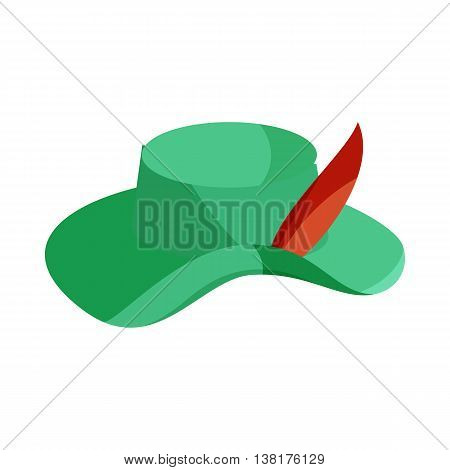 Green hat with feather icon in cartoon style on a white background