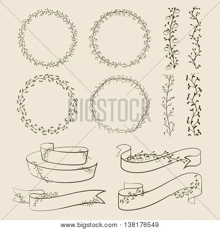 Vintage floral ornaments and decorative elements - wreaths, seamless borders and ribbons. Hand drawn vector wedding design set.