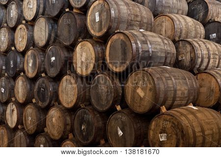 Wine barrels stacked in the old cellar of the winery.
