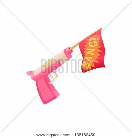 Revolver shooting out red flag icon in cartoon style on a white background