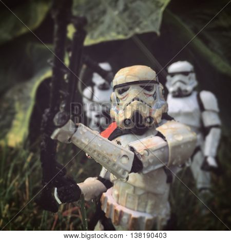 Hasbro Star Wars the Black Series Stormtrooper action figures recreate a scene marching through a rainy swamp