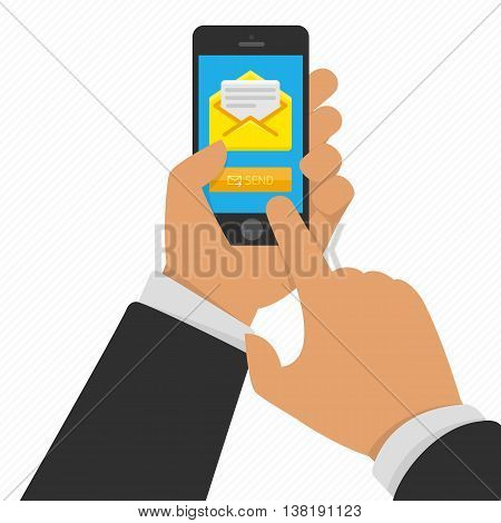 Vector illustration of hand touching smart phone with Email symbol on the screen. Messaging concept. Message send on mobile phone. Smart phone with email social network in hand.