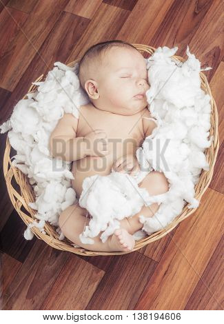 Newborn baby inside an olden basket with White Cotton Sourrounding him