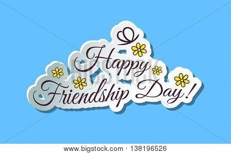 Greeting vector card with words Happy Frienship Day, flowers and stylized butterfly.