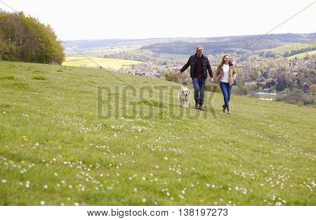 Mature Couple Taking Golden Retriever For Walk