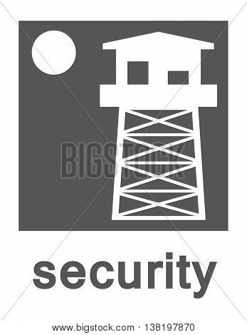 Vector logo of a watchtower and a full moon on a white background with the word security in grey text underneath