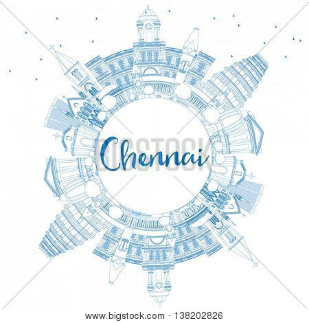 Outline Chennai Skyline with Blue Landmarks and Copy Space. Vector Illustration. Business Travel and Tourism Concept with Historic Buildings. Image for Presentation Banner Placard and Web Site.