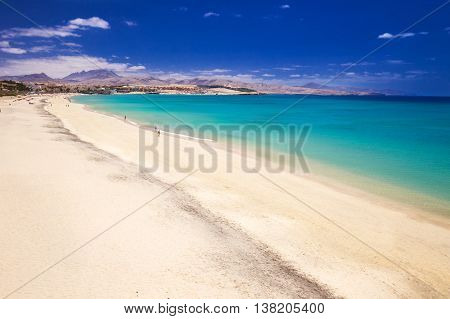 View To Costa Calma Sandy Beach With Vulcanic Mountains In The Background On Fuerteventura Island, C