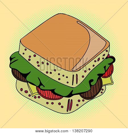 Sandwich Pop art vector illustration. Beautiful style comic. Hand-drawn burger