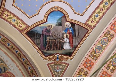 STITAR, CROATIA - AUGUST 27: Holy Family, fresco in the church of Saint Matthew in Stitar, Croatia on August 27, 2015