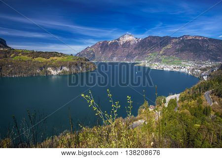 View to Brunnen town Swiss Alps and Lucerne lake from Morschach Switzerland