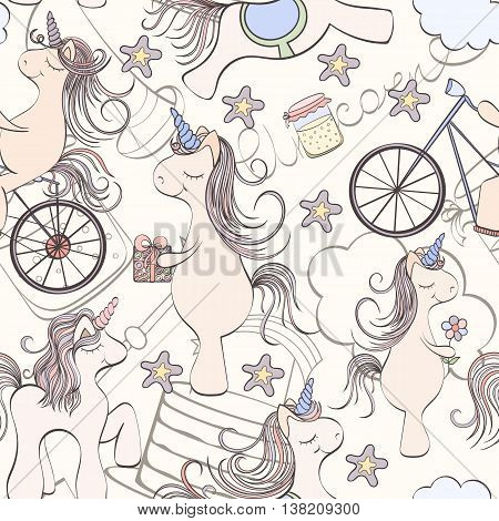 Seamless unicorn pattern can be used for wallpaper, website background, wrapping paper. Unicorn bright pattern . Holliday design. Birthday concept