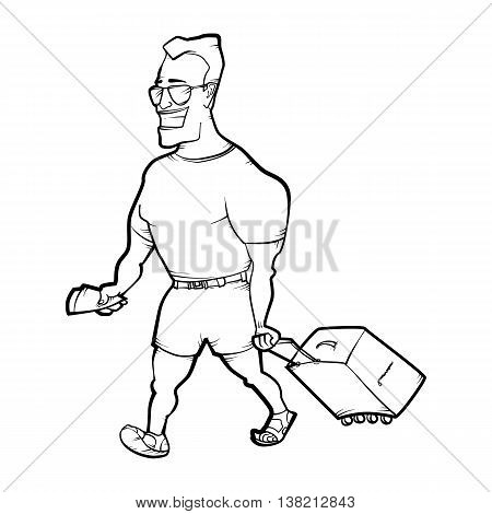Travelling man goes with bag. Hand drawn illustration