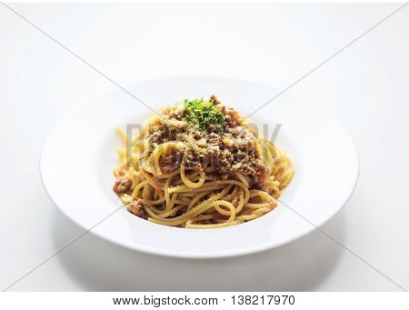 beef spaghetti bolognese bolognaise famous italian pasta food on white background