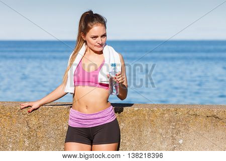 Woman Drinking Water After Sport Gym Outdoor
