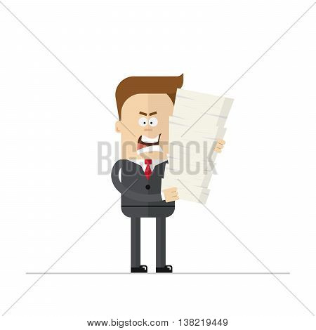 Angry cartoon businessman or manager during the overtime. Isolated on white background