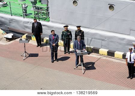 Odesa, Ukraine - July 03, 2016: Ukrainian president Petro Poroshenko at the pier of Odesa's port. Navy day celebration in Odesa