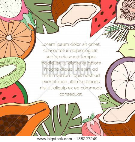 Exotic fruit invitation card can be used for holiday cards, wedding invitation, postcard or website. Healthy food frame for menu. Tropical plants template, detox program. Holliday design. Food concept
