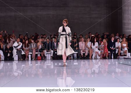 SYDNEY AUSTRALIA - 15 May 2016: Toni Maticevski female evening and red carpet dresses clothing collection fashion show runway at Mercedes Benz Fashion Week in The Cutaway Barangaroo Reserve Australia