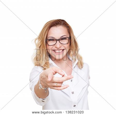 Cheerful caucasian lady in eyeglasses laugh and point finger at camera isolated at white background. Blond middle-aged attractive woman in glasses, happy and positive