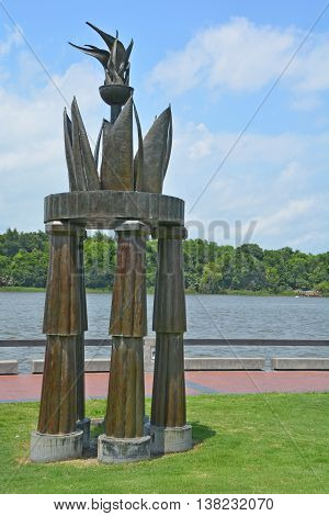 SAVANNAH GEORGIA USA 06 28 2016: Cauldron was lit at the opening ceremonies on July 20, 1996, and burned throughout the Centennial Olympic Games in Savannah, site of the Olympic Yachting events.