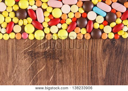 Colorful Medical Pills And Capsules, Health Care Concept, Copy Space For Text