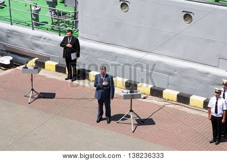 Odesa, Ukraine - July 03, 2016: Ukrainian president Petro Poroshenko at the pier of Odesa's port. Navy day celebration in Odesa