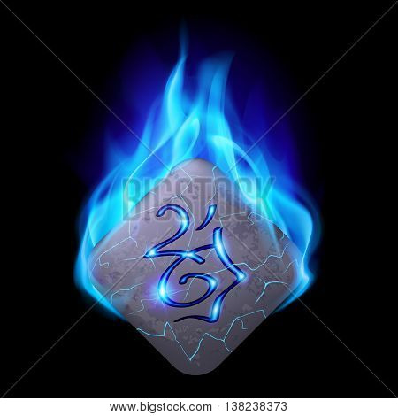 Ancient diamond-shaped stone with magic rune in blue flame