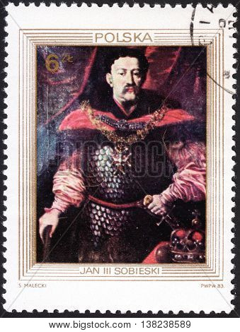 MOSCOW RUSSIA - JANUARY 2016: post stamp printed in POLAND shows portrait of King John III Sobieski series 