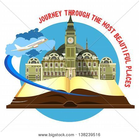 vector illustration round emblem of the beautiful old castle on a background of an open book airplane taking off