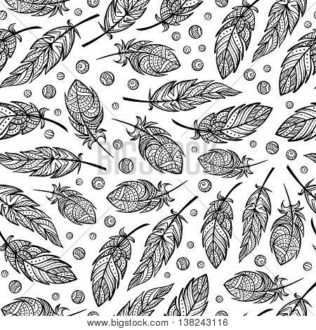 Vector black and white zendoodle feathers seamless pattern. Boho style.