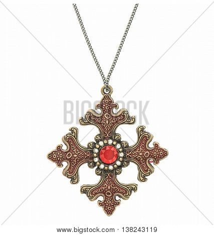 Vintage pendant with ruby and some little crystals on white background