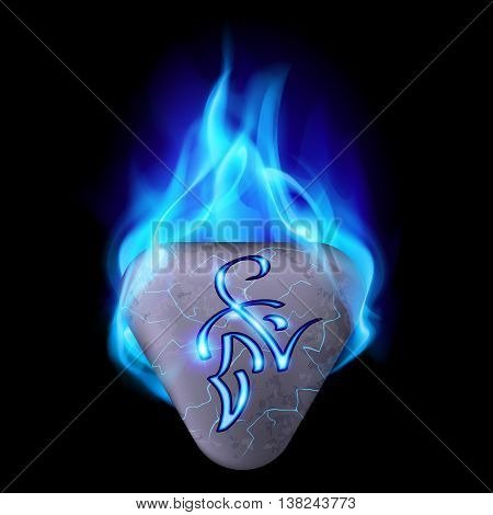 Mysterious triangular stone with magic rune in blue flame