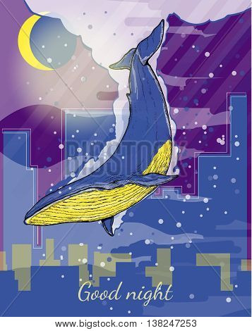 Whale flies through the night sky blue whale dives into the night city creative art surreal fantasy background hand drawn vector