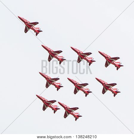 Leeuwarden, The Netherlands - June 10, 2016: Raf Red Arrows Performing At The Dutch Air Force Open H