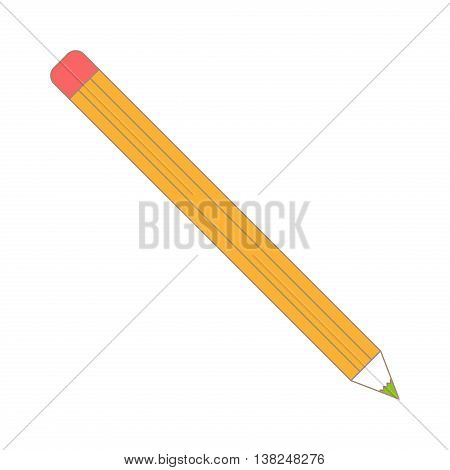 Vector illustration of sharpened detailed pencil isolated on white background. Pencil yellow equipment draw office tool. Education icon symbol simple pen wood work pencil tool.