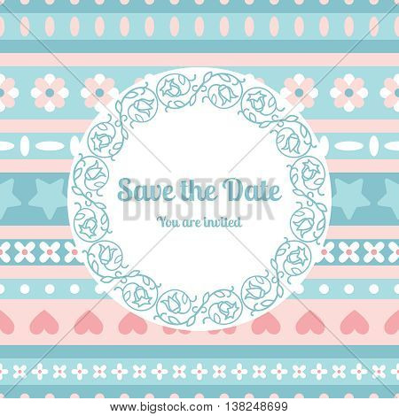 Save the date card template decorated cute pattern with floral fram. Vector illustration