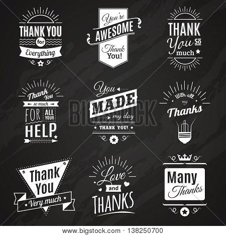 Chalkboard collection of nine vintage thank you signs making in different fashioned font style vector illustration