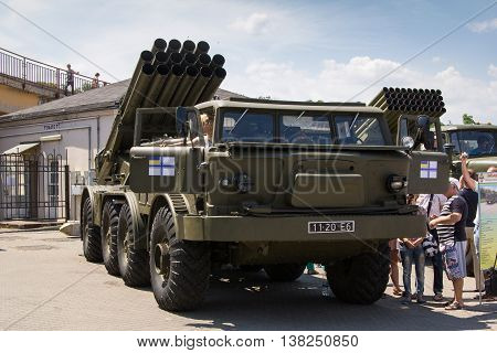 Odesa, Ukraine - July 03, 2016: Exhibition of military vehickles 'Uragan' and 'Grad' and others during celebration NAVY forces day