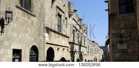 Ancient houses on the street in the fortress of Rhodes