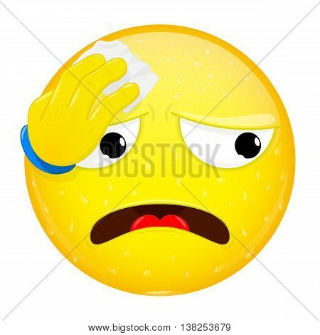 Emoji wipes the sweat with a handkerchief. Hard work heat workout emotion. Perspire emoticon. Vector illustration smile icon.