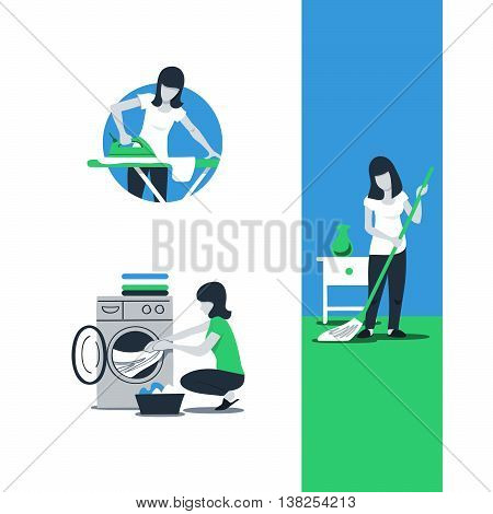 House work and household, neat home, routine chores, woman cleaning service